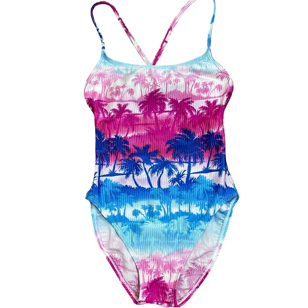 Vintage Catalina‎ Palm Tree One Piece Swimsuit Women S Pink Blue Ribbed 80s 90s
